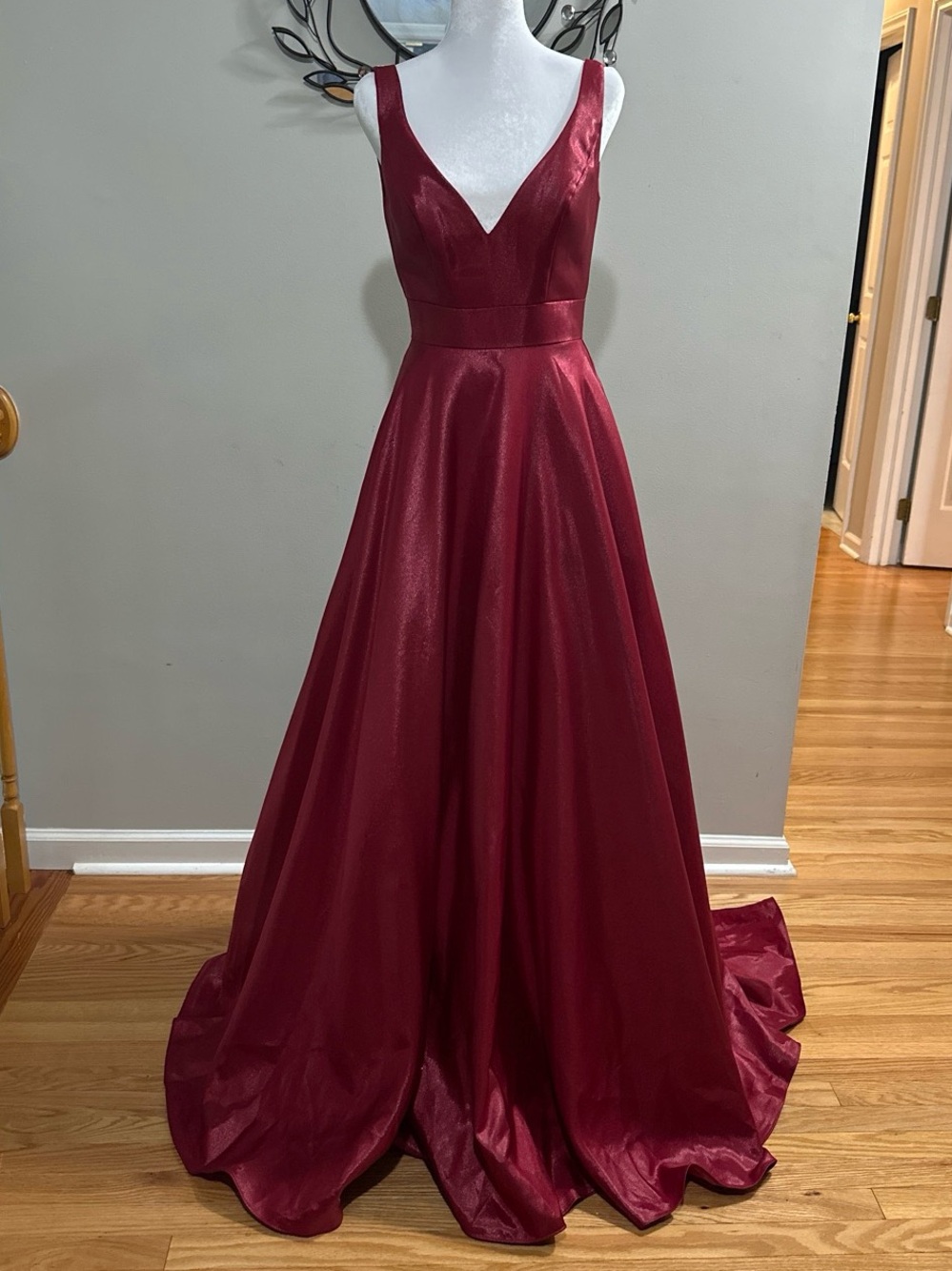 La Femme Red V-Neck Ball Gown